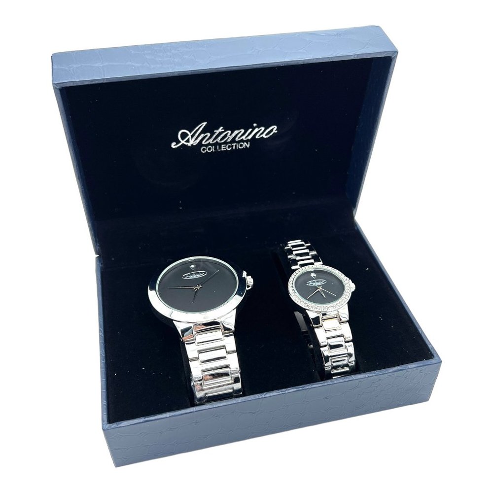 Antonino Collection His & Hers Silver Watch Set – Black Dial Gift Box